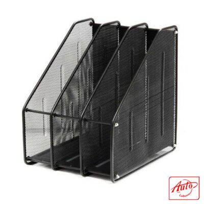 Deli 3-Section File Holder Rack – Black Metal, Tiered Shelf Organizer (29.2 × 23.9 × 31 cm)