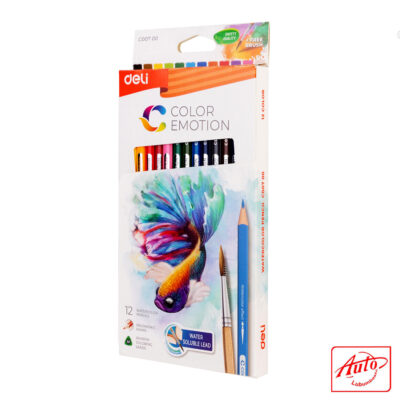 Deli Emotion Watercolor Pencil Set – 12 Multicolor Pencils with Brush, Bold Point, Basswood Body