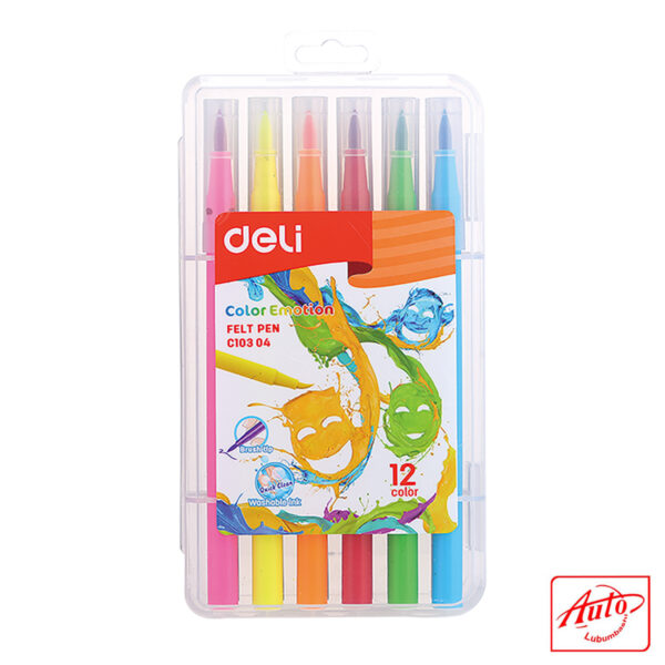 Deli Felt Tip Pen Set – 12 Colours, Washable Ink, Fibre Brush Tip – Image 2