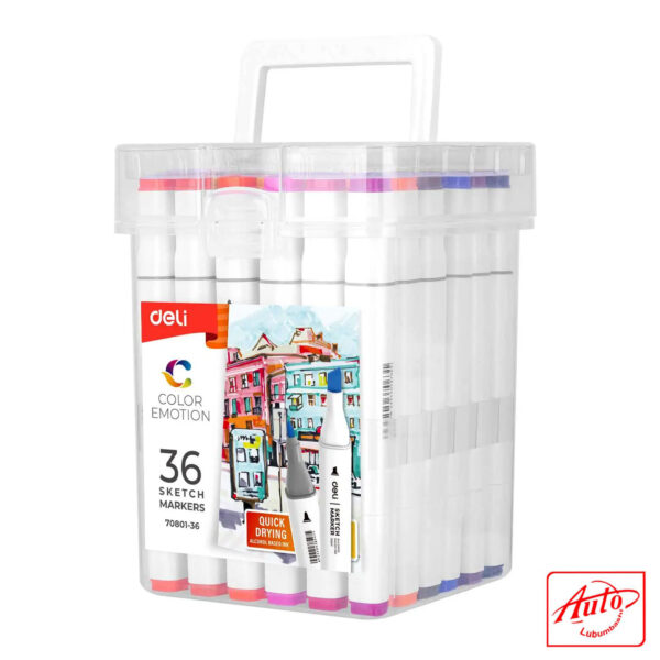 Deli E70801-36 Sketch Marker Set – 36 Colors, Dual Tip (Brush & Chisel), Alcohol-Based Ink, Quick Dry - Image 2