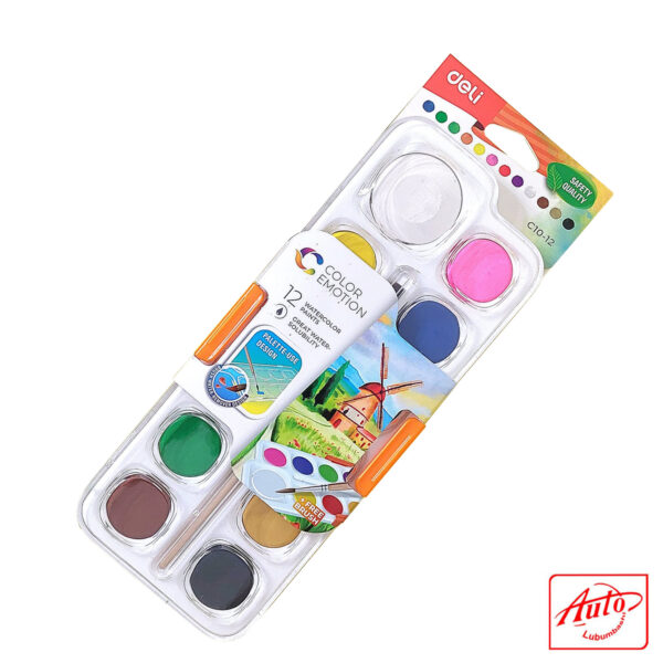 Deli EC10-12 Watercolor Set – 12 Assorted Colors, Built-in Palette, Free Brush, School-Friendly – Image 2