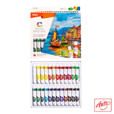 Deli Gouache Paint Case – 24 Colors, 12 ml Tubes, Matte Finish & High Opacity
