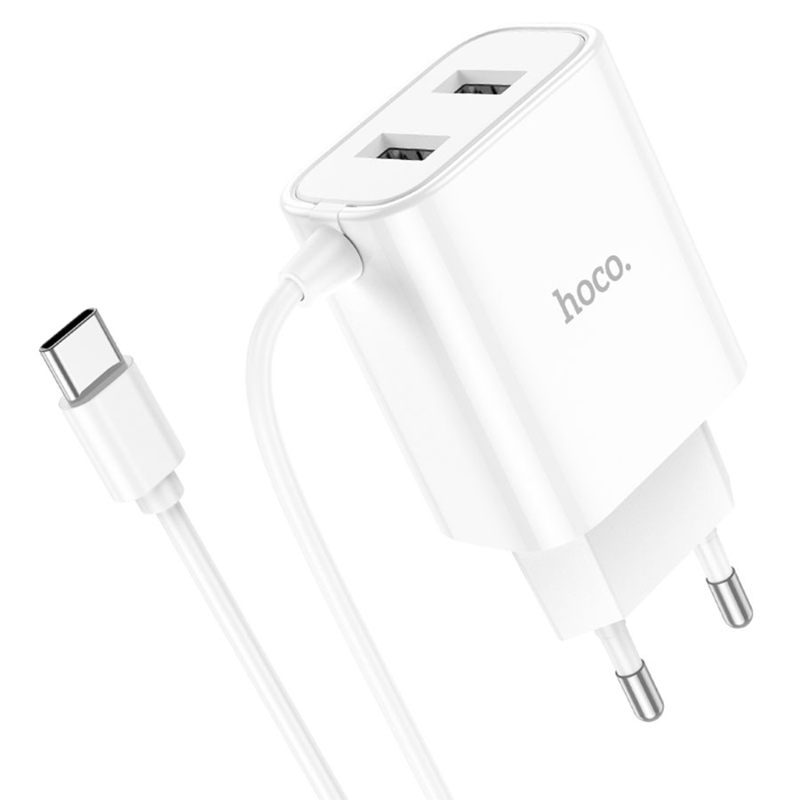 Hoco C103A Courser Wall Charger – Dual USB 5V/2.1A + Built-in Cable (Lightning / Micro-USB / Type-C), EU Plug – Image 2