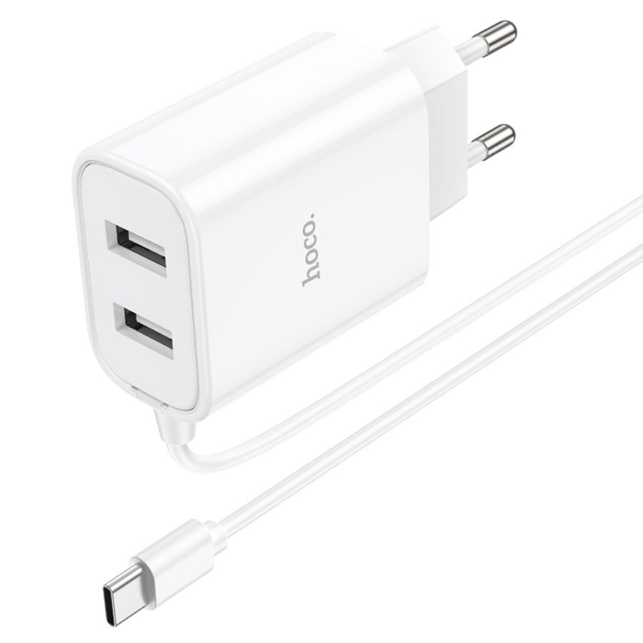 Hoco C103A Courser Wall Charger – Dual USB 5V/2.1A + Built-in Cable (Lightning / Micro-USB / Type-C), EU Plug – Image 5