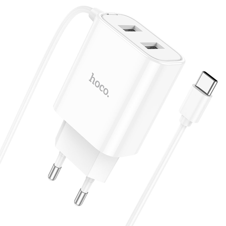 Hoco C103A Courser Wall Charger – Dual USB 5V/2.1A + Built-in Cable (Lightning / Micro-USB / Type-C), EU Plug – Image 4