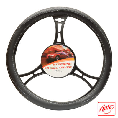 CV301L Steering Wheel Cover – Black PVC with White Stitching, Large Size (15.5–16 inch / 39–41 cm)