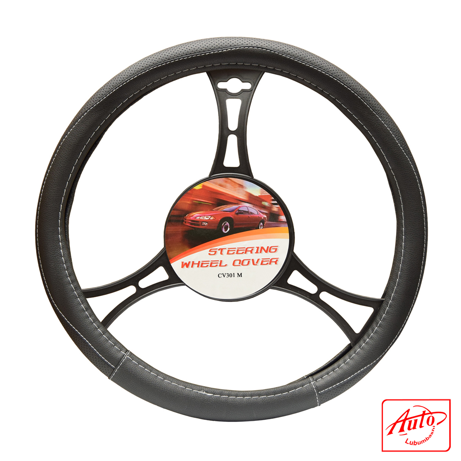 CV301M Steering Wheel Cover – Black PVC with White Stitching, Medium Size - Image 2