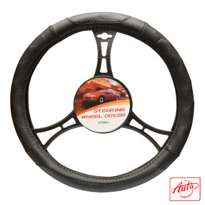 Auto Practic CV306L Steering Wheel Cover – Black Carbon Fiber Texture, 15.5–16 inch