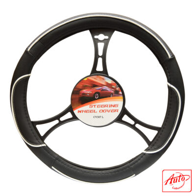 Auto Practic CV307L Steering Wheel Cover – Black with White Stitching, 15.5–16 inch