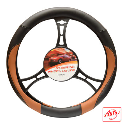 CV319L Steering Wheel Cover – Black & Orange Faux Leather (Universal Fit)