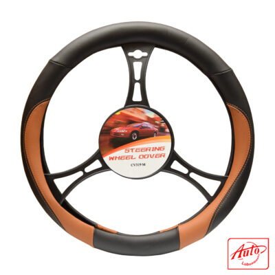 CV319M Steering Wheel Cover – Black & Orange Faux Leather (Universal Fit)