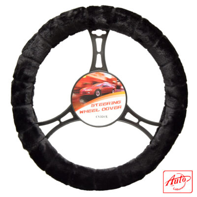 CV324L Steering Wheel Cover – Black Plush Fleece Texture (Universal Fit 15–16 inch)