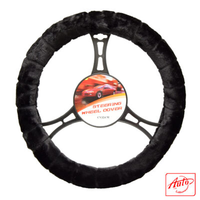 CV324M Steering Wheel Cover – Black Plush Fleece Texture (Universal Fit 14–15 inch)