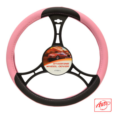 Goodcar EcoCuero CV331L Steering Wheel Cover – Black & Pink Eco-Leather (Universal Fit 15.5–16 inch)