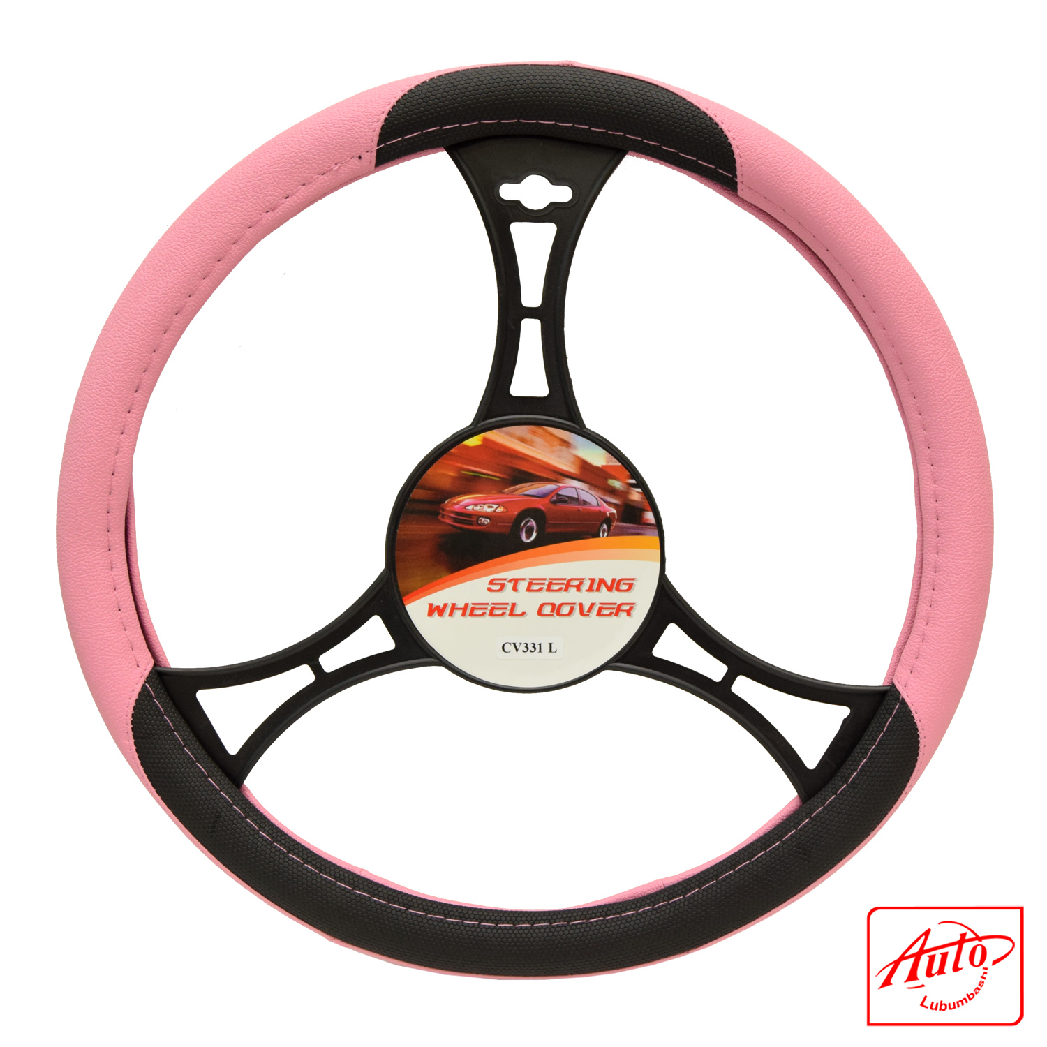 Goodcar EcoCuero CV331L Steering Wheel Cover – Black & Pink Eco-Leather (Universal Fit 15.5–16 inch) - Image 2