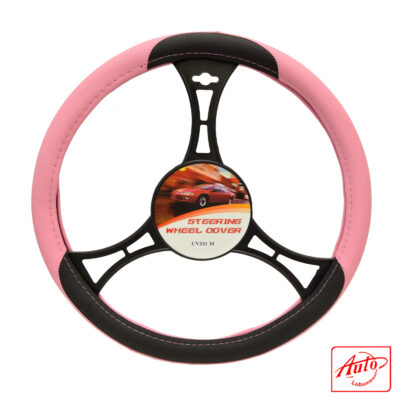 Goodcar EcoCuero CV331M Steering Wheel Cover – Black & Pink Eco-Leather (Universal Fit 14.5–15 inch)