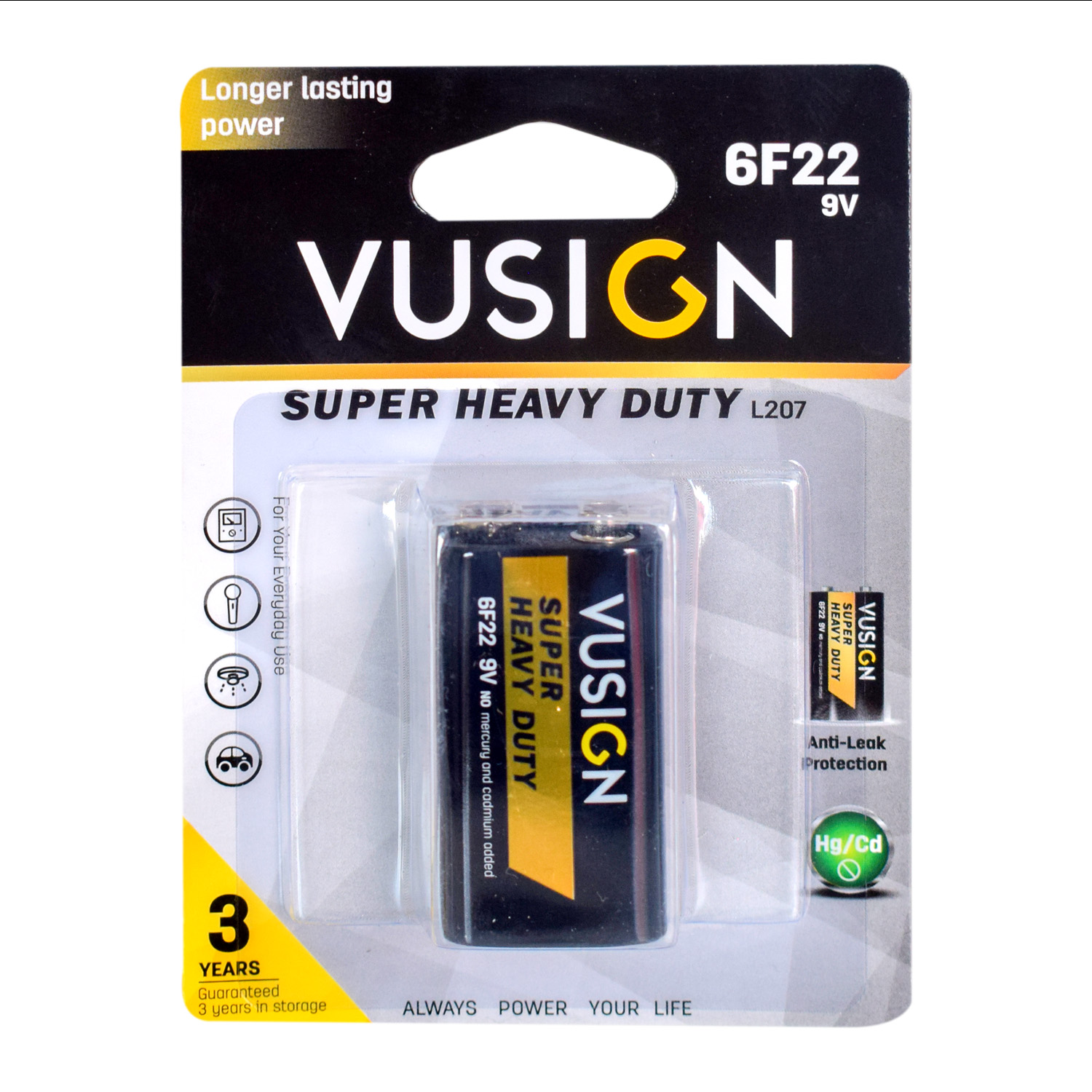 Vusign Super Heavy Duty 9V Battery (6F22, L207) – Zinc Chloride, 3-Year Guarantee – Image 3